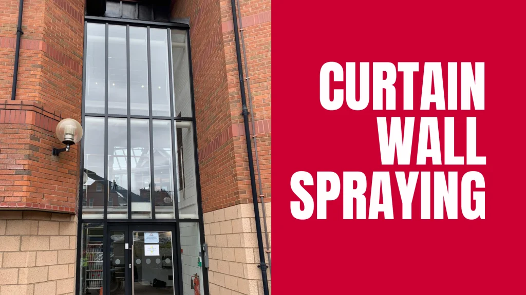 On-site recoating of aluminium curtain walling on a multi-storey commercial building