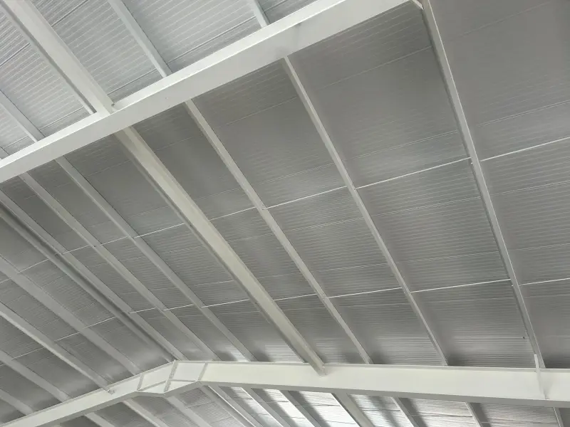 Commercial steel purlins and ceiling structure after white spray painting by Vanda Coatings