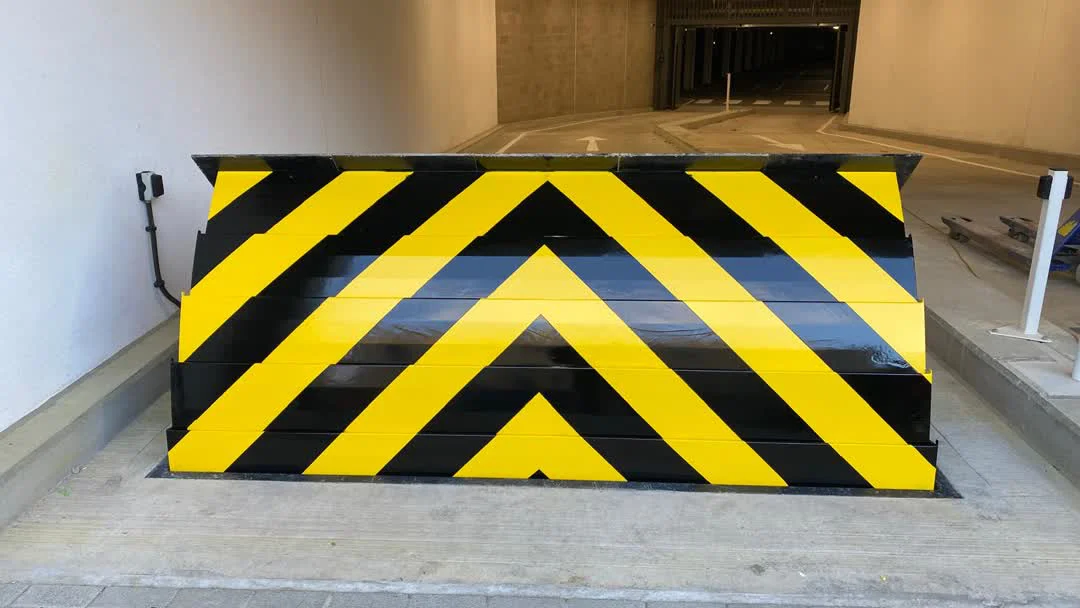 Detail of recoated road blocker showing quality of finish, Newcastle